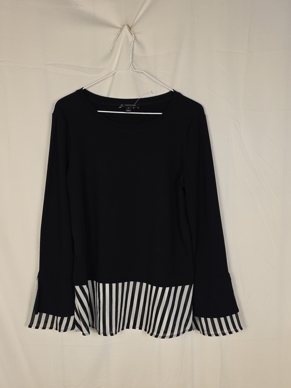 INC International Concepts Black Long-Sleeve Top with Striped Hem